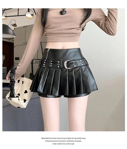 Black Pleated Leather A-line Skirt for Women