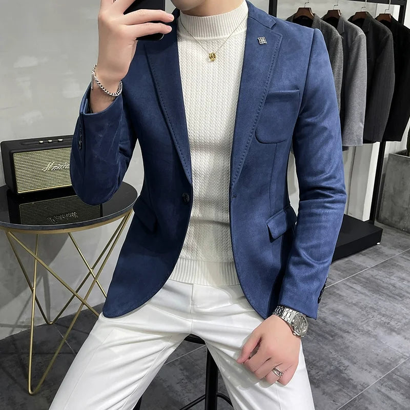 Men's Deerskin Fleece Blazer Single Button Suit Coat
