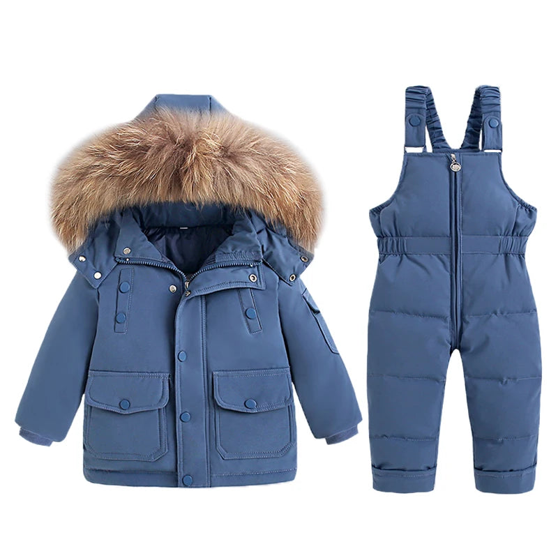 Children's Winter Down Jacket and Jumpsuit Set with Fur Collar