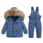 Children's Winter Down Jacket and Jumpsuit Set with Fur Collar