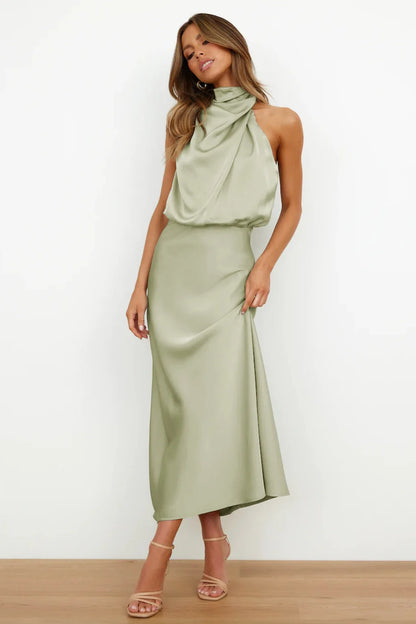Elegant Silk Satin Sleeveless Long Dress for Women