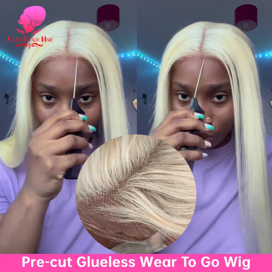 613 Glueless Human Hair Lace Closure Wig Blonde Straight