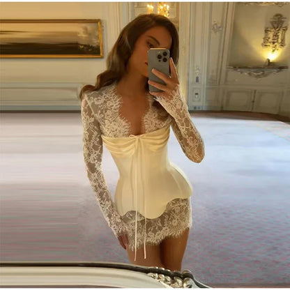 Lace Mini Dress for Women with Corset and Long Sleeves