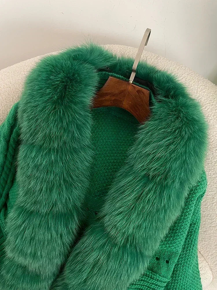 Knitted Cardigan Coat for Women with Real Fox Fur