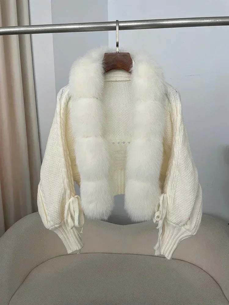 Knitted Cardigan Coat for Women with Real Fox Fur
