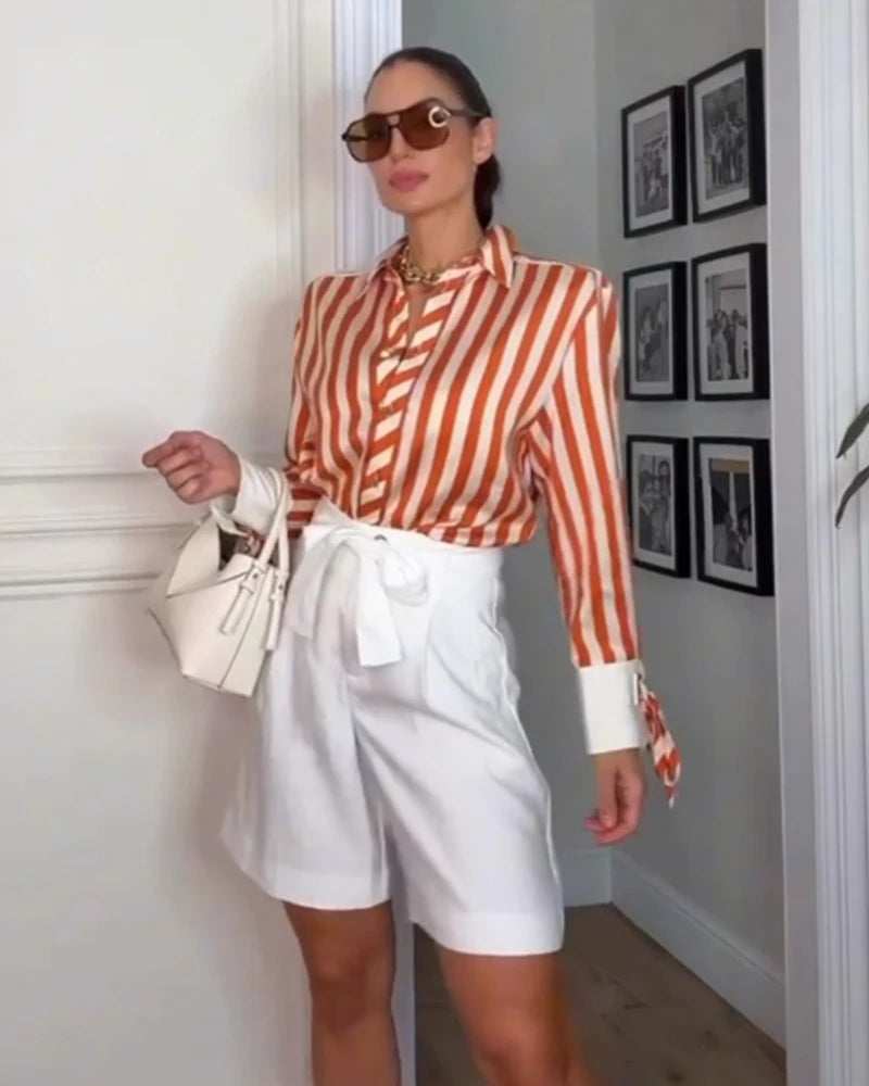 Women's Striped Bow-Tie Shirt Jacket in Polyester