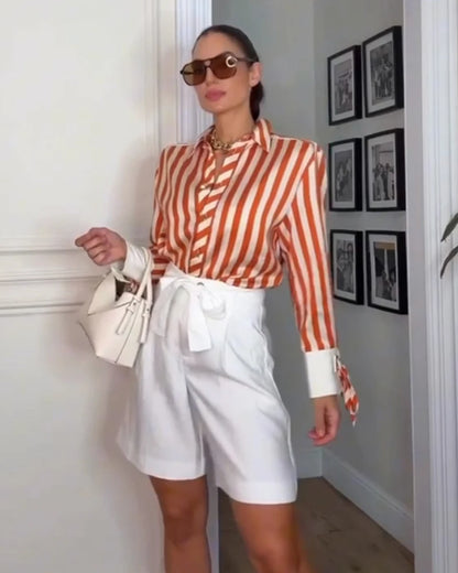 Women's Striped Bow-Tie Shirt Jacket in Polyester