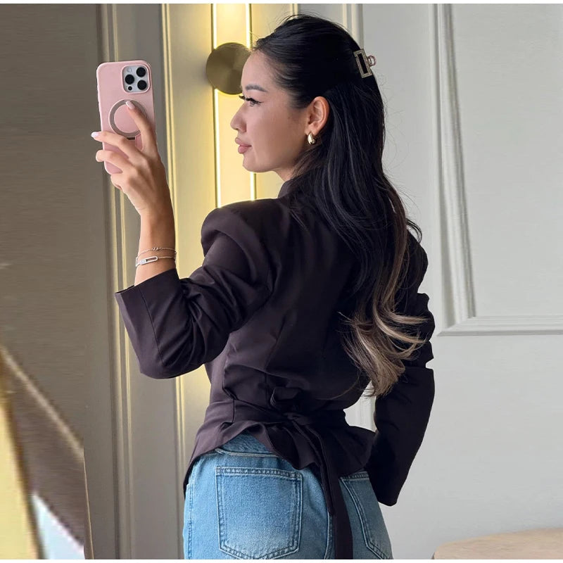 Chic Waist Cinched Women's Blazer Coat with Stand Collar