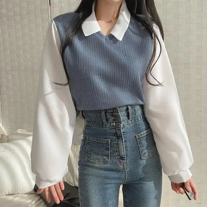 Korean Style Polo Collar Chiffon Blouse for Women