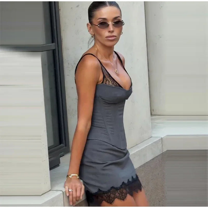 Elegant Fishbone V-neck Mini Dress Women Sleeveless Polyester