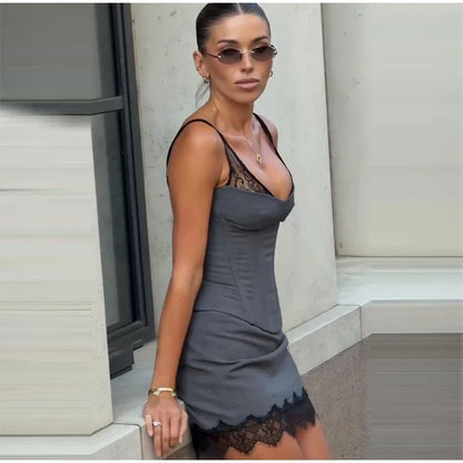 Elegant Fishbone V-neck Mini Dress Women Sleeveless Polyester