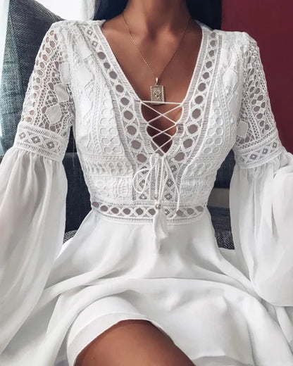 Women's Slim V Neck Chiffon Mini Dress with Ruffles