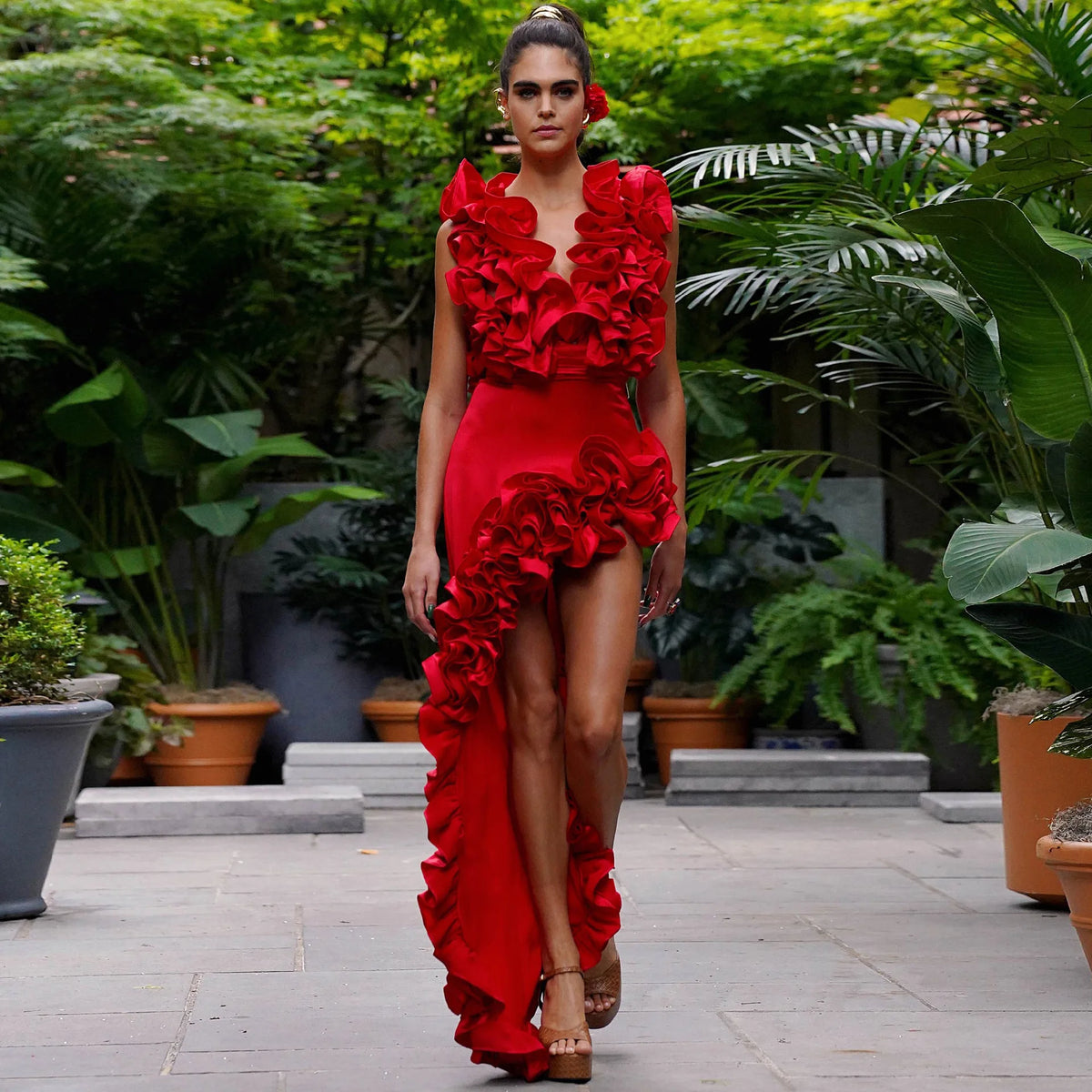 CM.YAYA Women Ruffled Asymmetrical V-Neck Bodysuit and Long Skirt Set