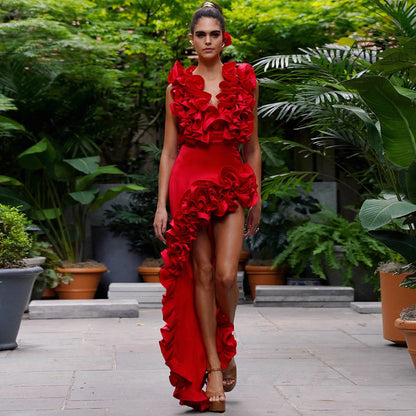 CM.YAYA Women Ruffled Asymmetrical V-Neck Bodysuit and Long Skirt Set