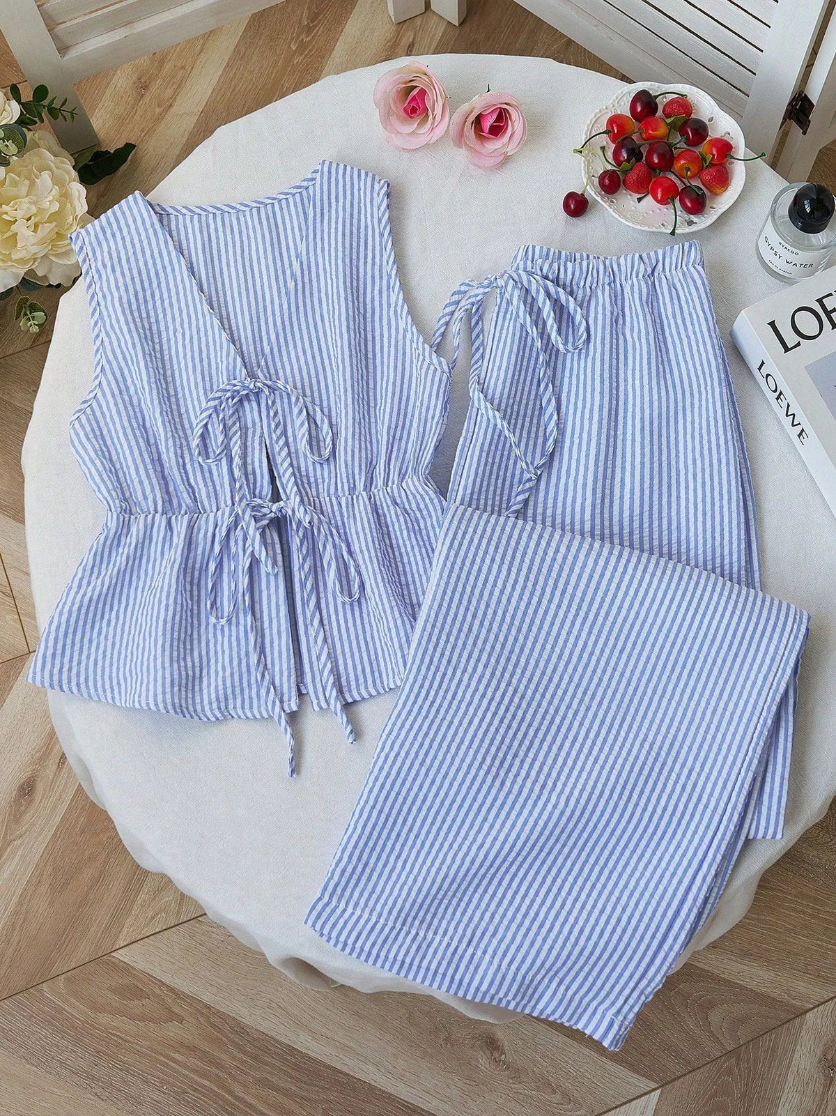 Women Striped V Neck Lace Up Blouse and Wide Leg Pants Set