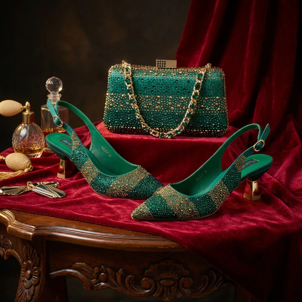 Italian Luxury Green Rhinestone Shoes and Bag Set