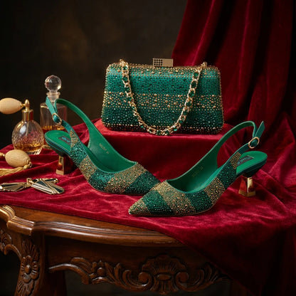 Italian Luxury Green Rhinestone Shoes and Bag Set