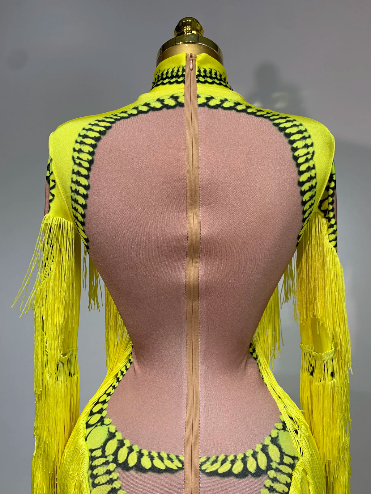 Yellow Polyester Bodycon Jumpsuit with Tassels