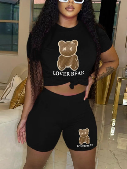 Plus Size Cartoon Bear Print Hooded Sweater Set