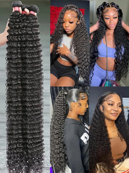 Deep Wave Curly Human Hair Bundles Natural Color 28 30 40 42 Inch