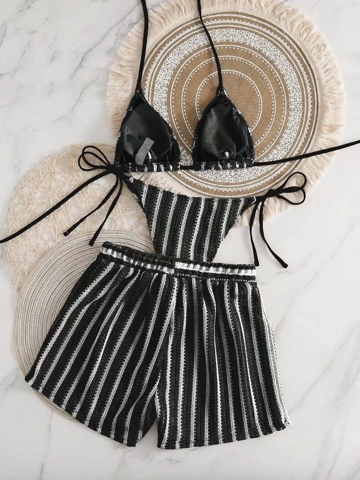 Mesh Three-Piece Women's Swimsuit with Lace-Up Detail