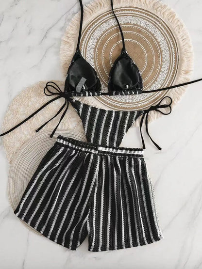 Mesh Three-Piece Women's Swimsuit with Lace-Up Detail