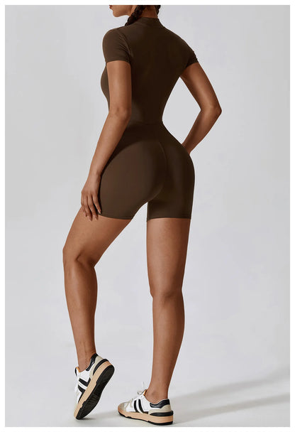 Summer Zipper Short Sleeve Yoga Bodysuit for Women