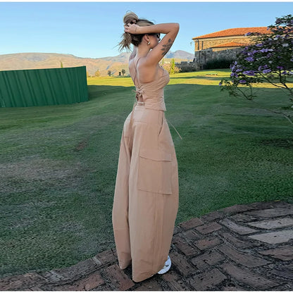 Corset Cami Two Piece Set with Pleated Wide Leg Pants