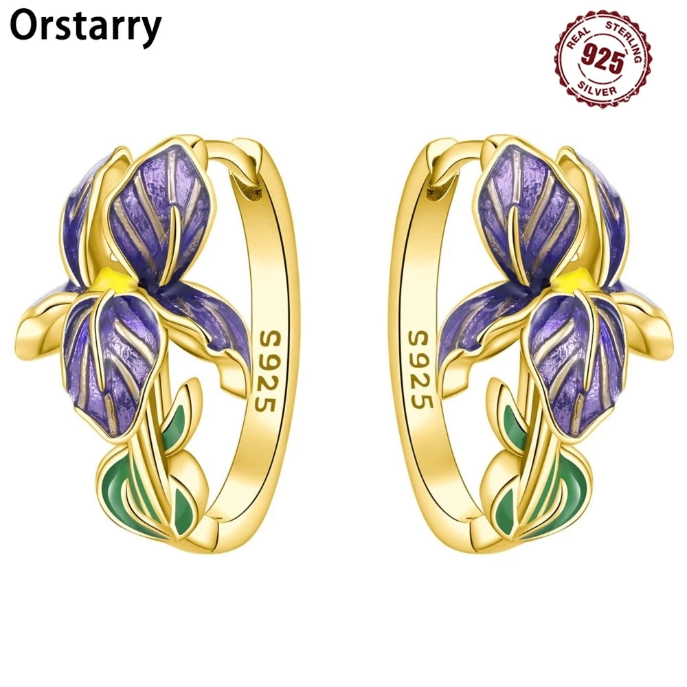 S925 Sterling Silver Iris Flower Hoop Earrings for Women