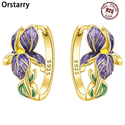 S925 Sterling Silver Iris Flower Hoop Earrings for Women