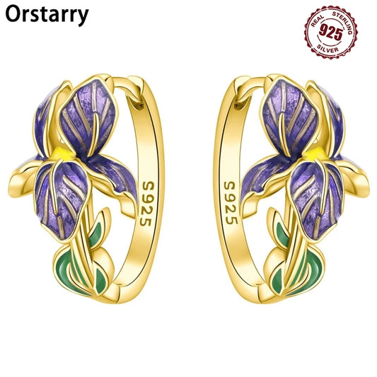S925 Sterling Silver Iris Flower Hoop Earrings for Women