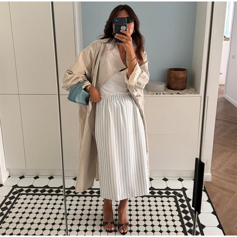 Khaki Long Color-block Stripe Trench Coat for Women