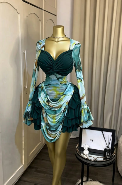 Women Tie Dye Print V-Neck Bodycon Dress