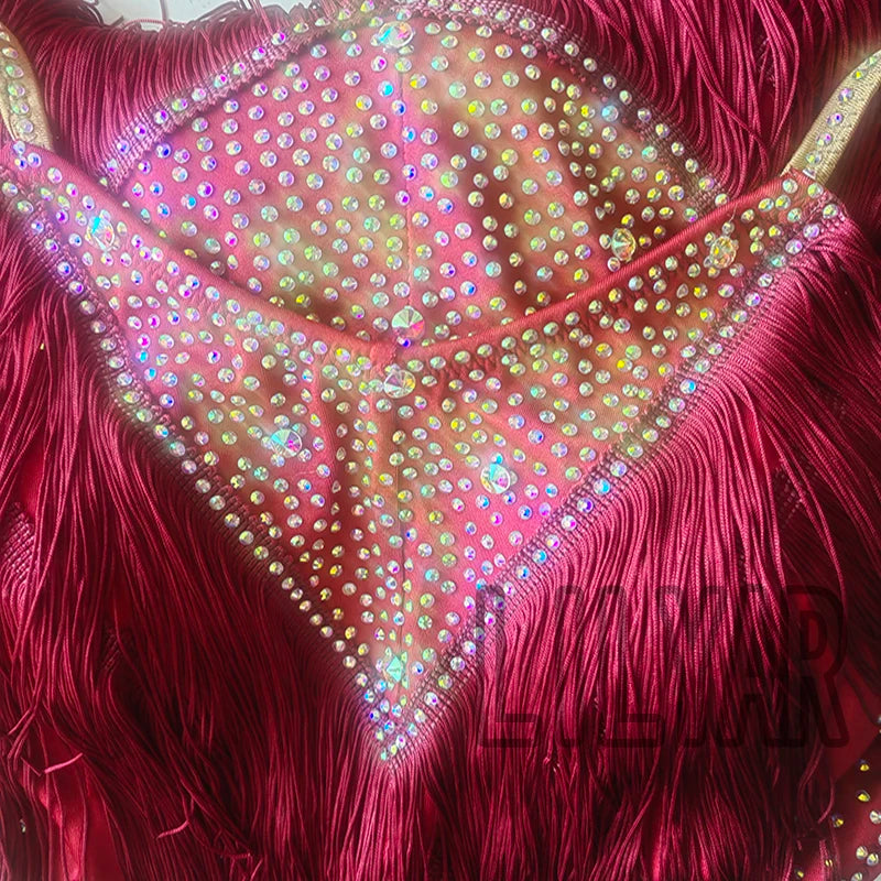 Latin Dance Dress with Rhinestones and Tassels in Red and White