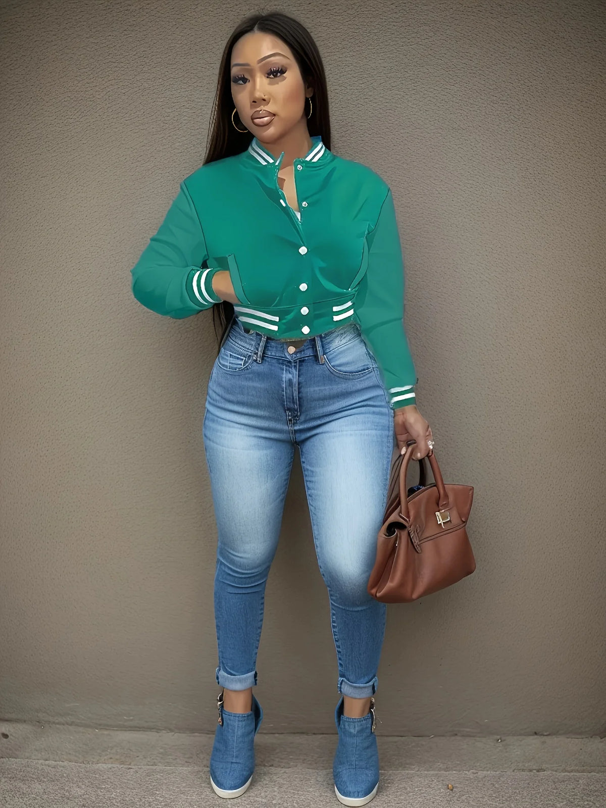 Women's Pure Color Single Breasted Baseball Jacket