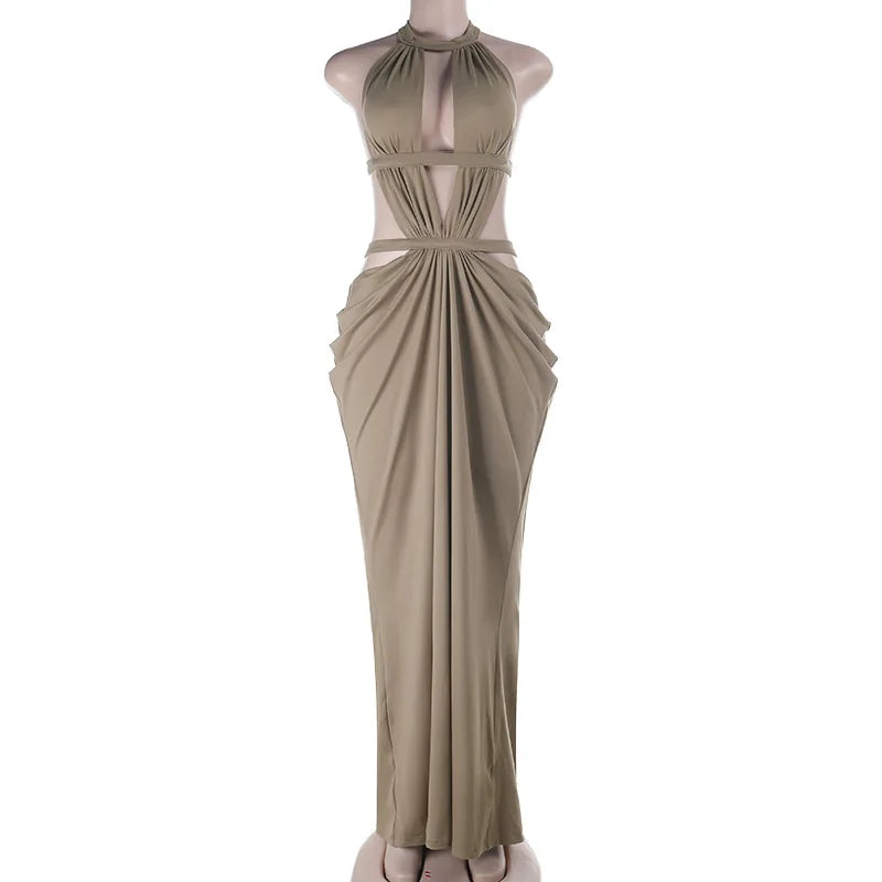 Khaki Halter Cut-Out Maxi Dress for Elegant Parties