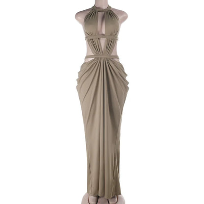 Khaki Halter Cut-Out Maxi Dress for Elegant Parties