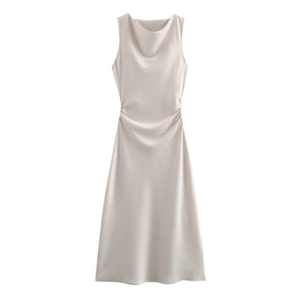 Satin Midi Dress for Women Sleeveless Elegant Evening Dress