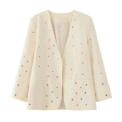 Beige Rivet Decoration Casual Blazer for Women