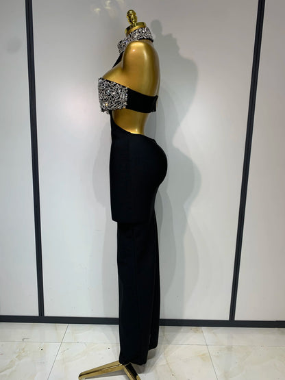 Black Bodycon Bandage Dress with Sparkly Crystals