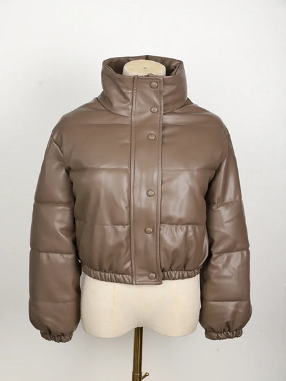 Black PU Leather Women's Winter Parka Jacket
