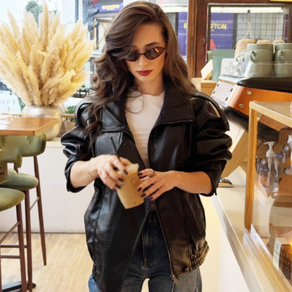 Women's Black Leather Bomber Jacket Zip-Up