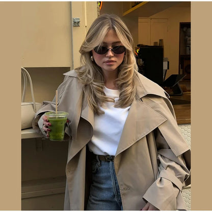 Khaki Long Color-block Stripe Trench Coat for Women