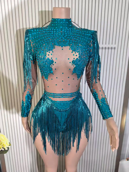 Rhinestone Tassel Elastic Bodysuit for Women