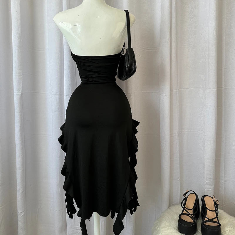 Women Strapless Floral High Slit Mini Dress Black Pink