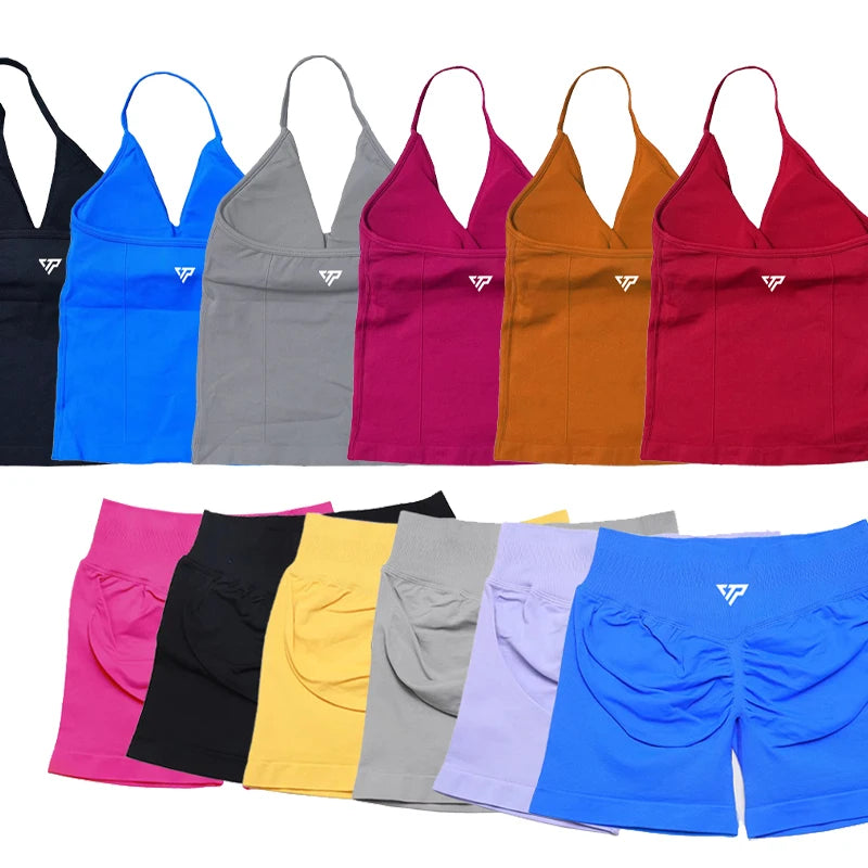 Seamless Lace-Up Bra and Shorts Yoga Set for Women