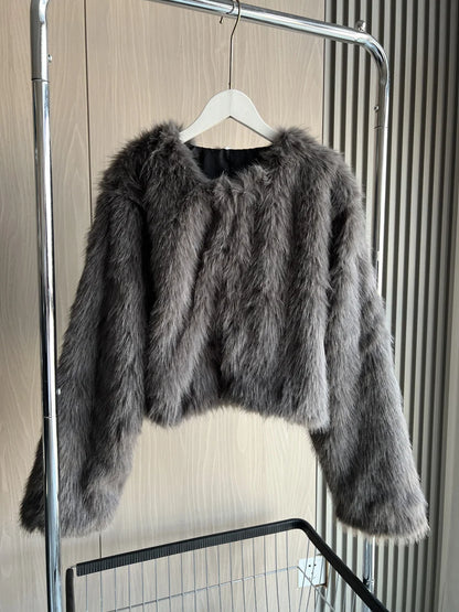 Women's Faux Fur Round Neck Short Jacket
