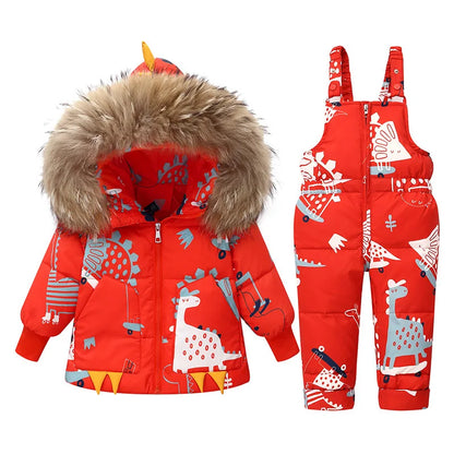 Children's Hooded Parka Down Jacket with Dinosaur Design
