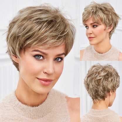 Light Blonde Mixed Off-White Pixie Cut Wig with Bangs