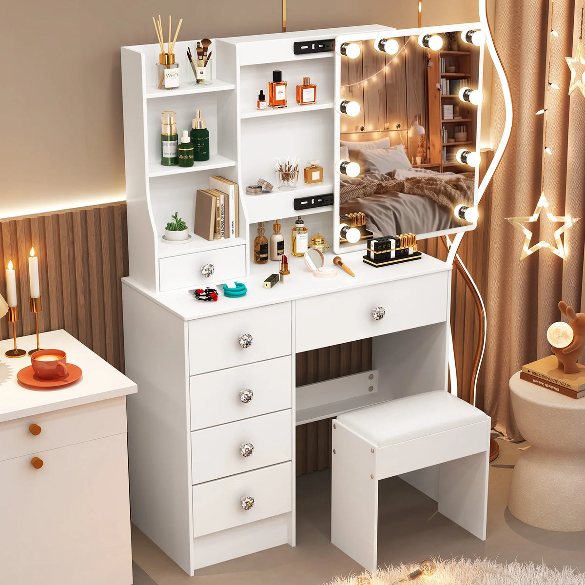 Teousev White LED Makeup Vanity Set with Stool
